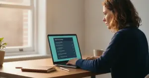 Antreprenoare la birou verifică un checklist de hosting pe laptop