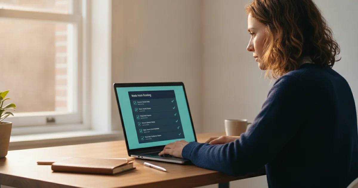 Antreprenoare la birou verifică un checklist de hosting pe laptop